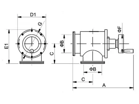 Клапан вакуумный угловой  GD-J100 ISO-K100 Ручной уплотнение - Фторэластомерное материал - Нержавеющая сталь 304SS