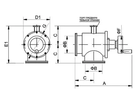 Клапан вакуумный угловой  GD-S160 ISO-K160 Ручной уплотнение - Фторэластомерное материал - Нержавеющая сталь 304SS