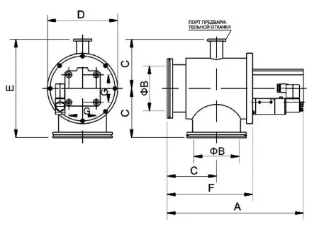 Клапан вакуумный угловой  GDQ-S200B ISO-K200 Пневматический уплотнение - Сильфонное материал - Нержавеющая сталь 304SS