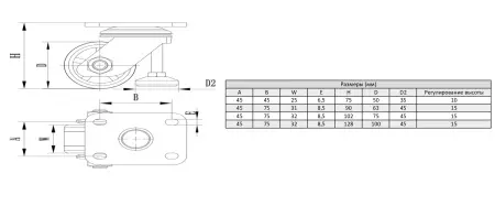 Колесо поворотное с упором D63 мм, с платформой, ALF-W-D63L