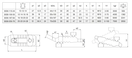 M-3030-150-55 Прихват регулируемый "крокодил" двухсторонний с контропорой