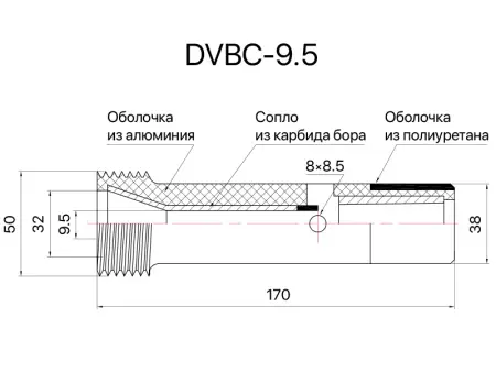Сопло пескоструйное двойной Вентури SandBlue DVBC-9.5, карбид бора, 9,5х170
