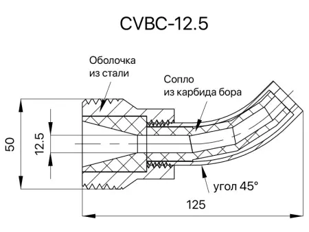 Сопло пескоструйное загнутое 45°Вентури SandBlue CVBC-12.5, карбид бора, 12,5х120