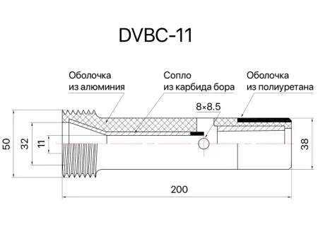 Сопло пескоструйное двойной Вентури SandBlue DVBC-11, карбид бора, 11х200
