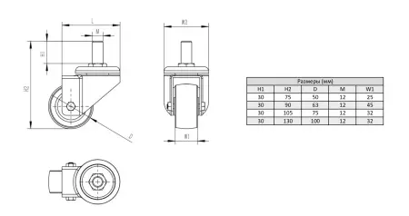 Колесо поворотное D50 мм, болт M12x30, ALF-WB-D50