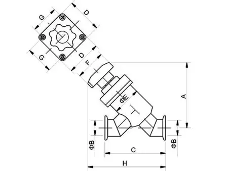 Клапан вакуумный прямоточный  GD-25(45˚) KF25 Ручной уплотнение - Фторэластомерное материал - Нержавеющая сталь 304SS