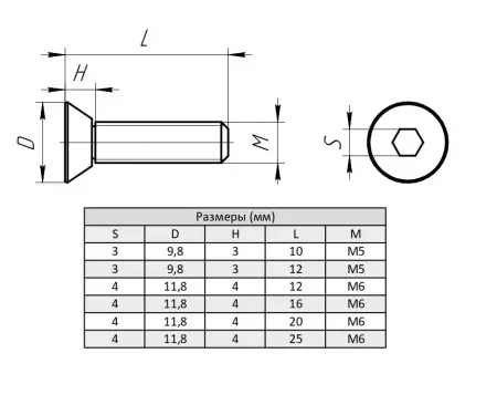 Винт потайной с внутренним шестигранником М6х12, ALF-PS6-12