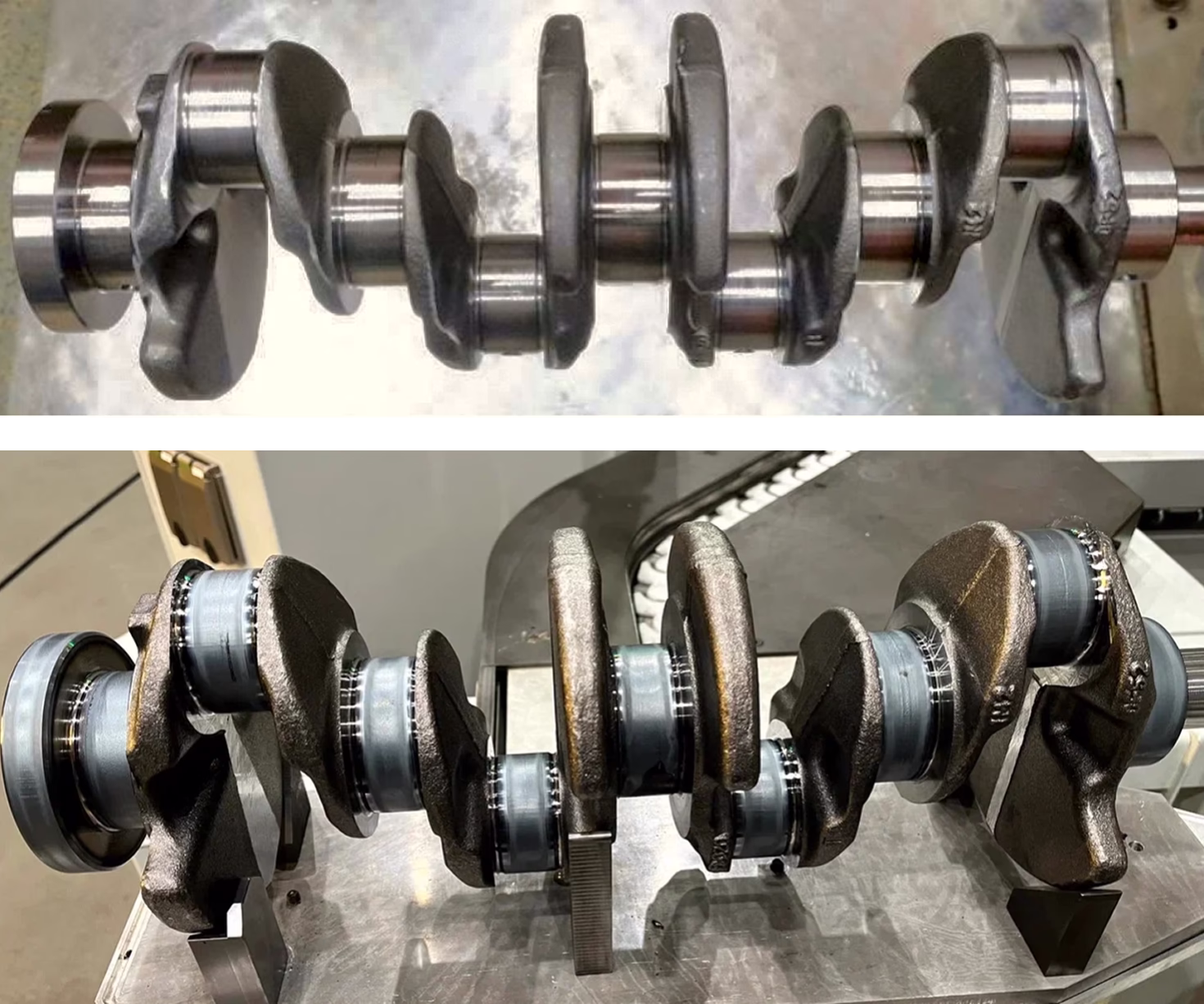 Коленчатый вал до и после термоупрочнения 10 рабочих поверхностей